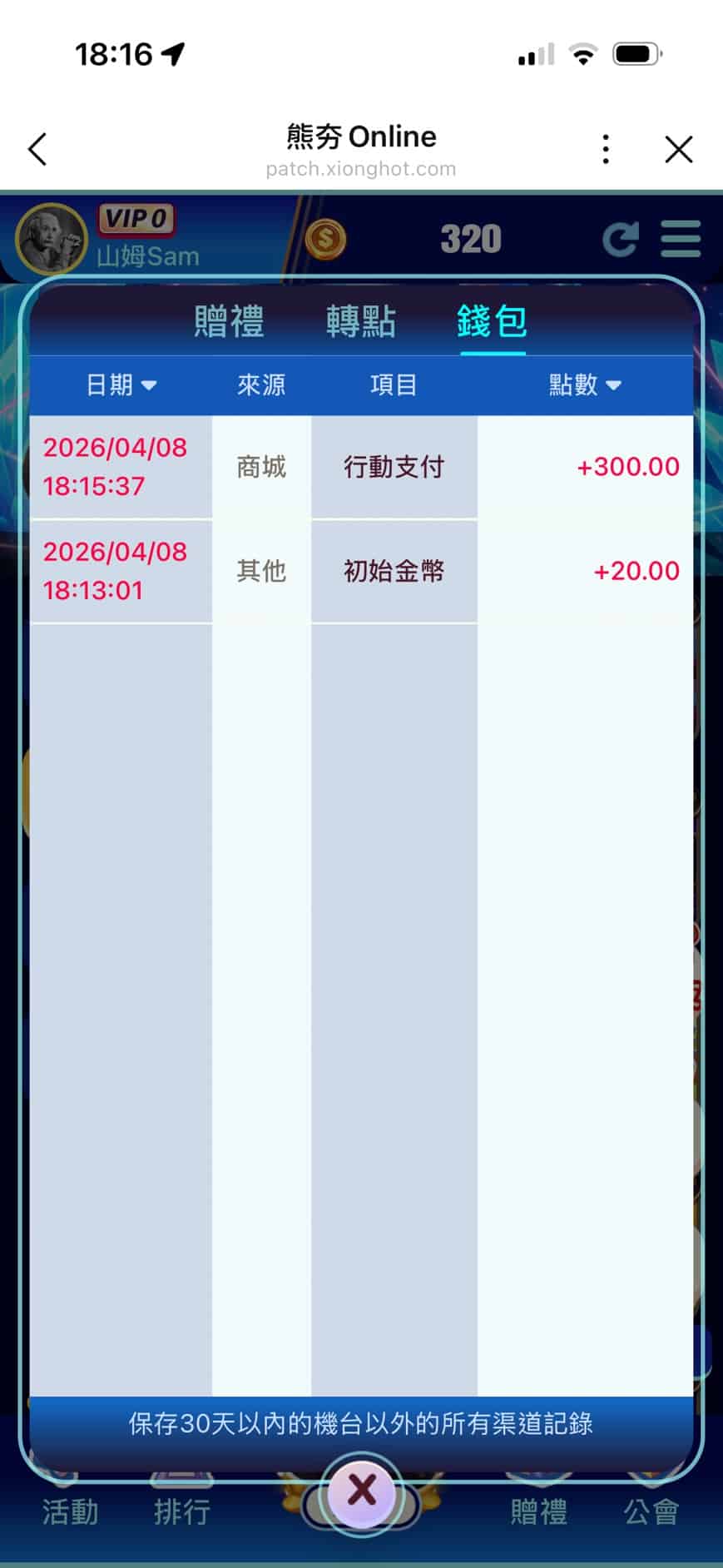 熊夯 Online娛樂城儲值成功明細